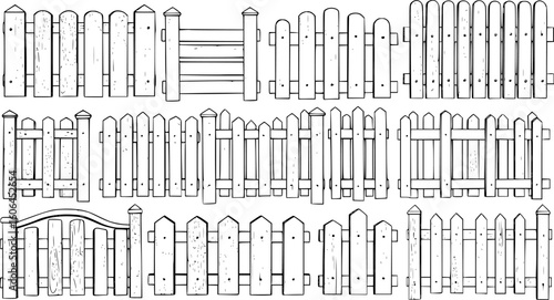 various fence designs, wooden fences, picket fences, garden fences, different styles, black and white, detailed patterns