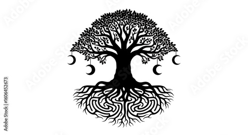 A black and white illustration of the Tree of Life (Yggdrasil) with intricate roots and celestial moon phases.