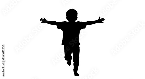 A black silhouette of a child running happily with arms outstretched.