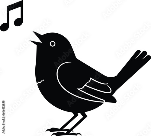Silhouette of a Singing Bird with Musical Note on a White Background Illustration