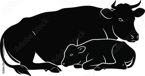 Black Silhouette Illustration of a Cow and Calf Resting Together on a White Background
