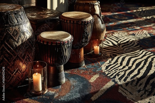 Traditional African drums of various sizes arranged on zebra-patterned rug, warm candlelight creating dancing shadows
