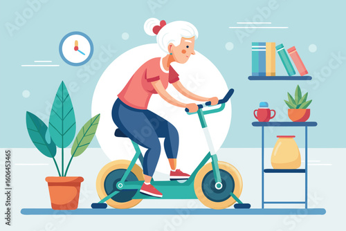 Senior woman exercises on stationary bike in home setting for health and fitness at midday