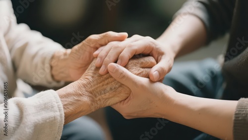 A pair of hands is holding another pair of wrinkled hands, conveying the emotions of companionship, care, and warmth.