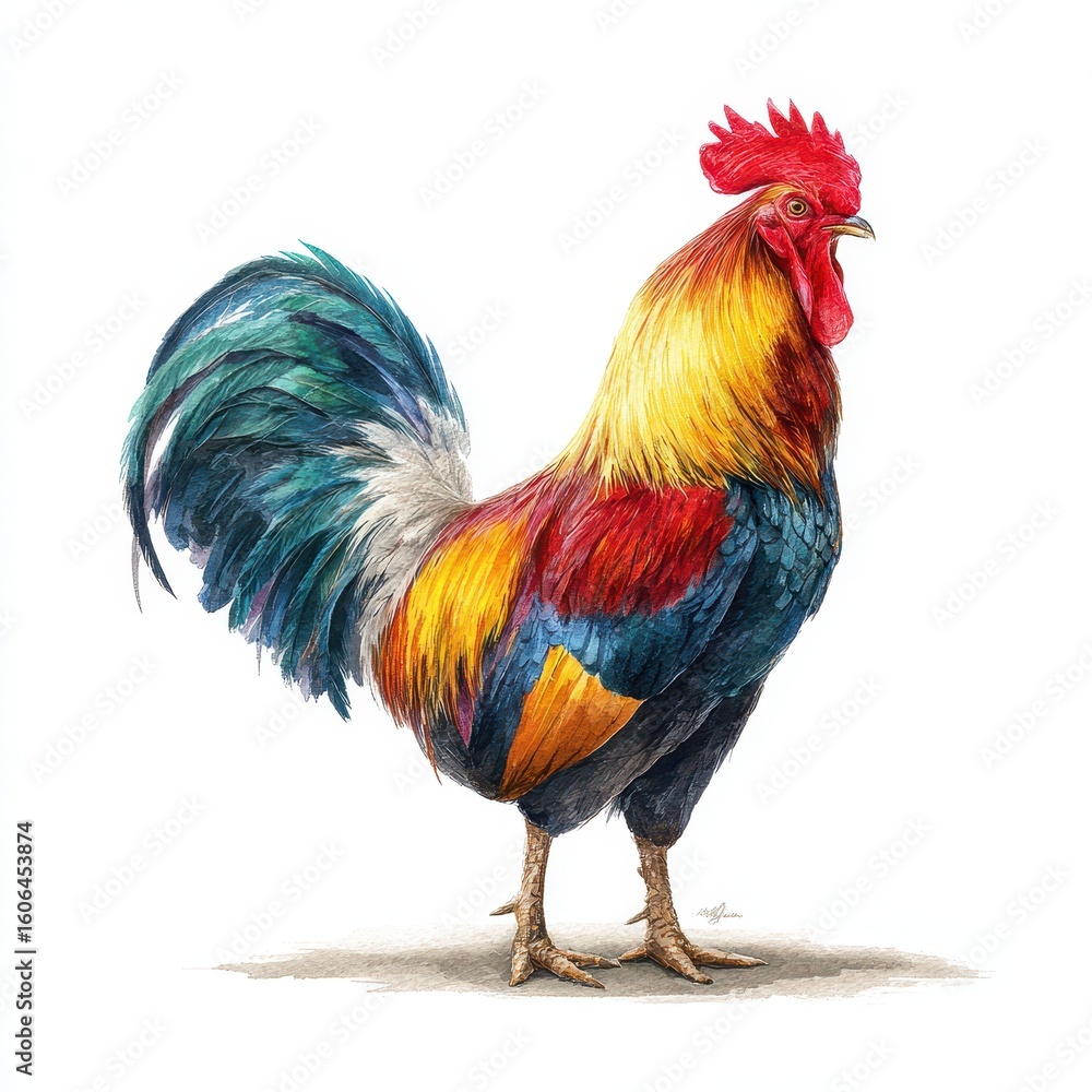 Fototapeta premium Vibrant Rooster: A Free-Range Male Bird in Watercolor, Celebrating Poultry Farming and Diverse Chicken Breeds