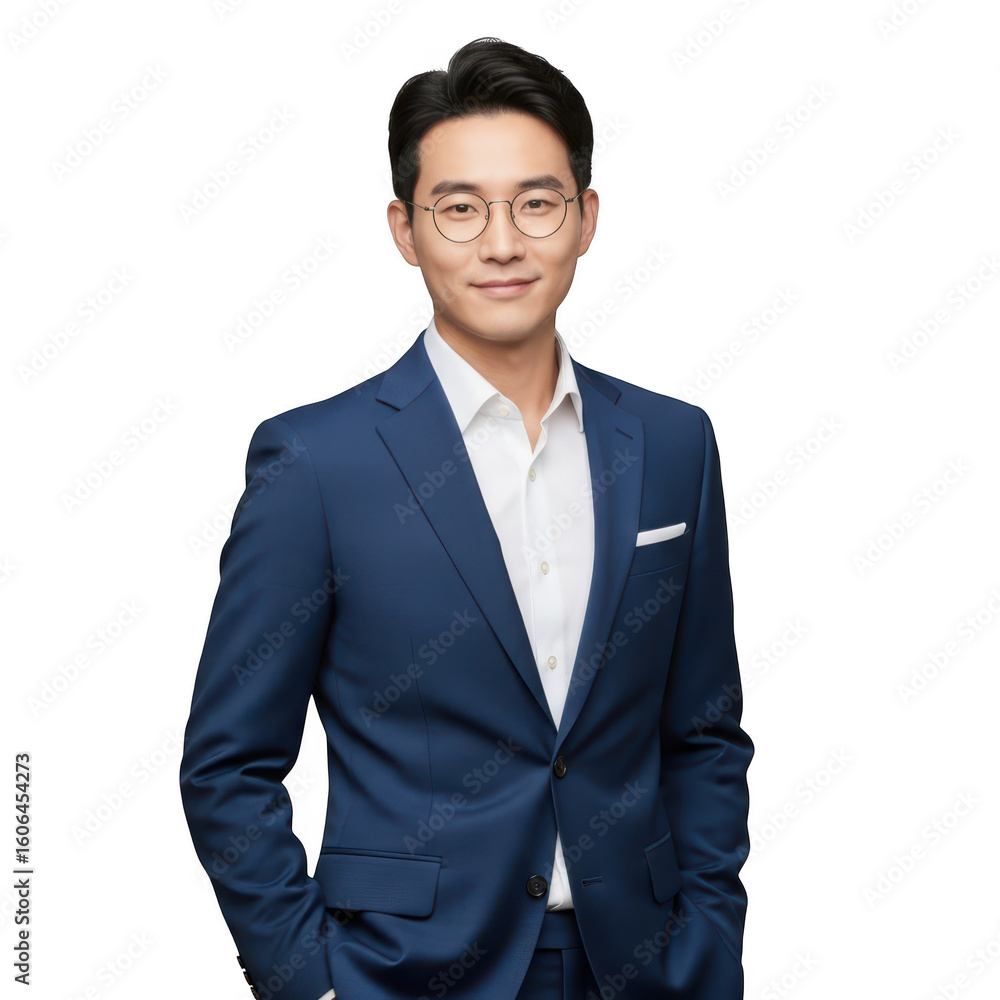 A confident young asian businessman in a blue suit and glasses smiling against a transparent background A confident young asian businessman in a blue suit and glasses smiling against a transparent background
