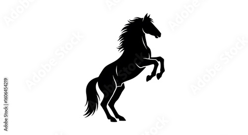 A powerful black silhouette of a horse rearing up on its hind legs.