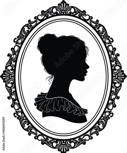 Elegant Silhouette Portrait of a Woman in an Ornate Frame Black and White Vector Illustration
