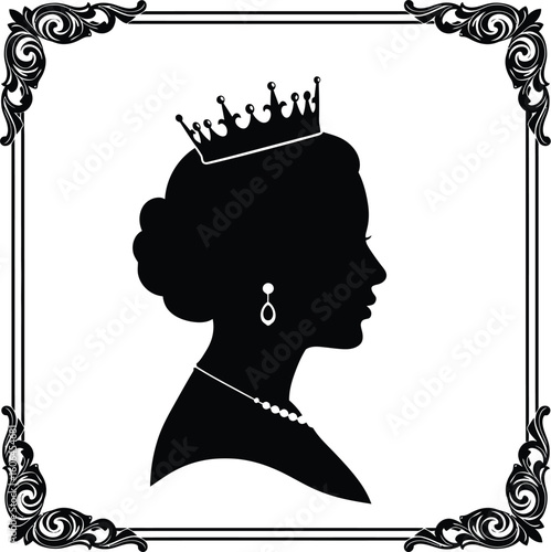 Elegant Queen Silhouette Portrait with Crown Necklace Earring and Ornate Frame in Black and White