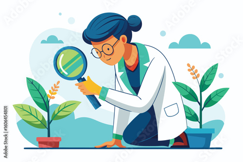 Scientist examining young plant with magnifying glass in a botanical research setting during daylight hours