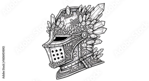 A detailed, black and white line art illustration of an ornate knight's helmet with crystal details.