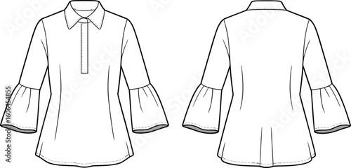 Stylish women’s blouse flat sketch with flared sleeves, collar detail, front placket, back seam lines, elegant fashion vector drawing