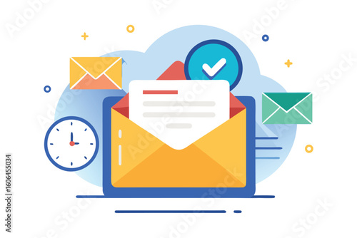 Scheduled mail concept featuring an envelope, a clock, and various messages in a digital setting showing the importance of time in communication