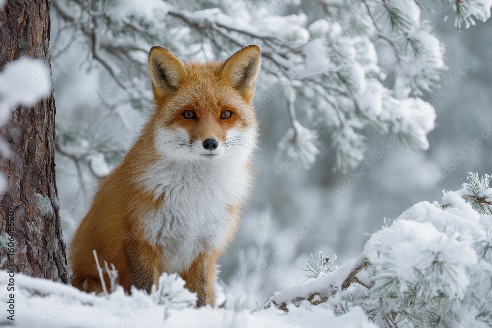 Obraz premium Charming Red Fox Amidst Winter Wonderland: A Cute Mammal in the Snowy Forest