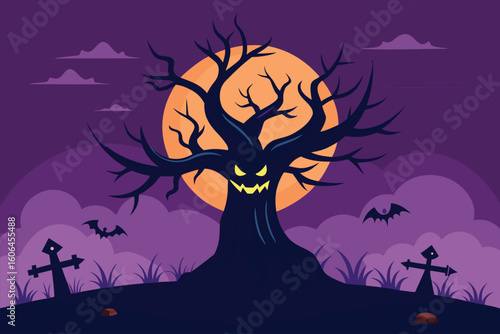 Crooked spooky tree under a full moon, surrounded by tombstones and bats, setting the perfect tone for Halloween festivities at night