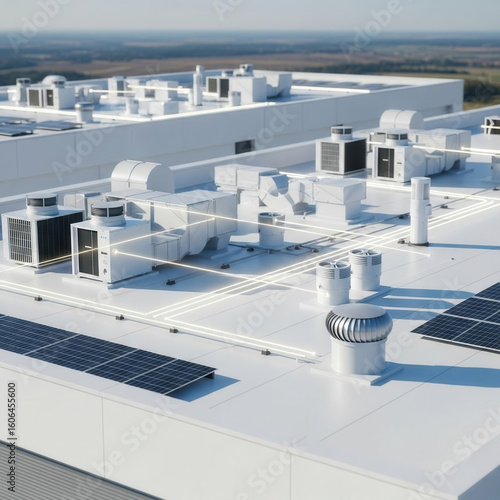 Industrial Rooftop with Solar Panels and HVAC Systems