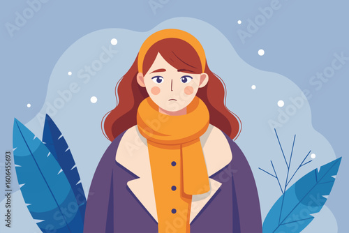 Young woman with a scarf feeling unwell in a cold winter landscape surrounded by snow and foliage