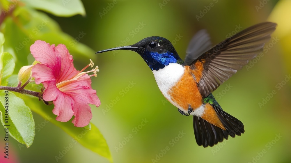Fototapeta premium Colorful Rufous tailed hummingbird hovering next to vibrant pink flower outdoors