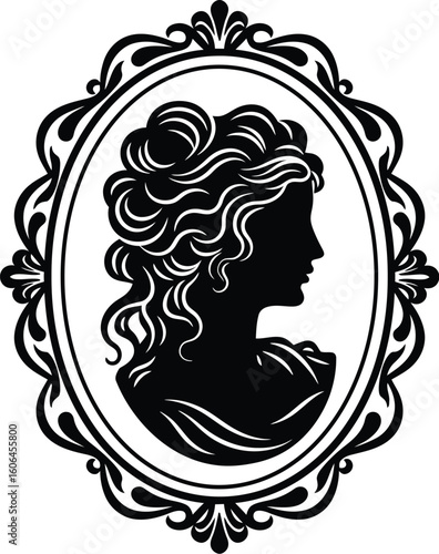Elegant Cameo Silhouette of a Woman in Profile with Ornate Frame on White Background