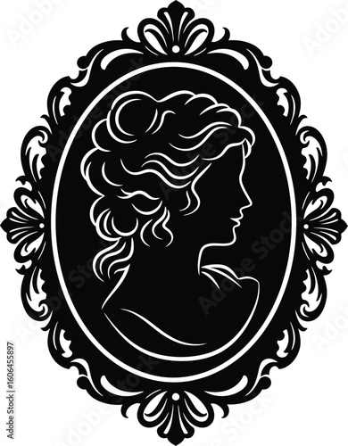Elegant Cameo Silhouette of a Woman in Ornate Frame Black and White Vector Illustration