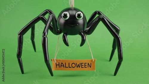 Big black spider descends on a thread holding a tiny “Halloween” flag in its legs, isolated on green screen.
