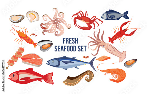 fresh seafood icon set products restaurant cafe design illustration clipart