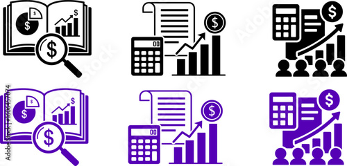 Financial analysis and business growth icons with charts, calculator, dollar sign and report in black and purple color
