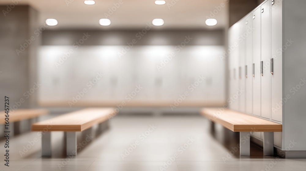 Fototapeta premium Blurred image of modern changing room with wooden benches and metal lockers in a well-lit facility designed for comfort and convenience.