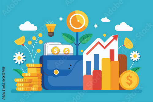 Revenue growth driven by high interest rates and increased income illustrated through a colorful graphic representation of financial progress and savings