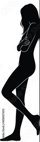 Black Silhouette of a Woman Leaning Against a Wall with Crossed Arms Isolated on White Background