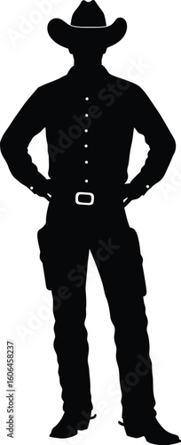 Silhouette of a Cowboy Standing with Hands on Hips Wearing a Hat and Holsters