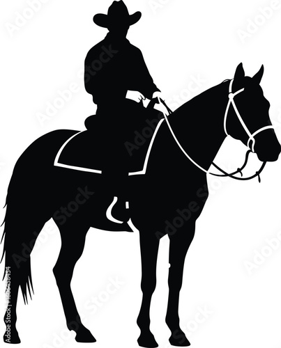Silhouette of a Cowboy Riding a Horse on a White Background Illustration