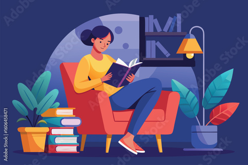 Relaxing evening at home with a woman reading a book in a cozy chair surrounded by plants and warm lighting