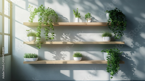 Minimalist Living Room Wall – Stylish Shelves with Lush Plants