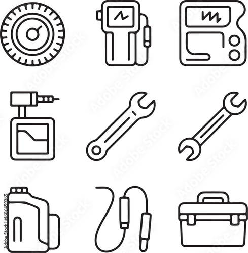 Essential Car Repair Tools Outline Icon Set — Tire Pressure Gauge, Battery Charger, Diagnostic Scanner, and Auto Service Equipment