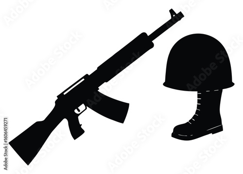 Silhouette of a Military Rifle with Helmet and Boot Representing Soldier Armed Forces and Warfare