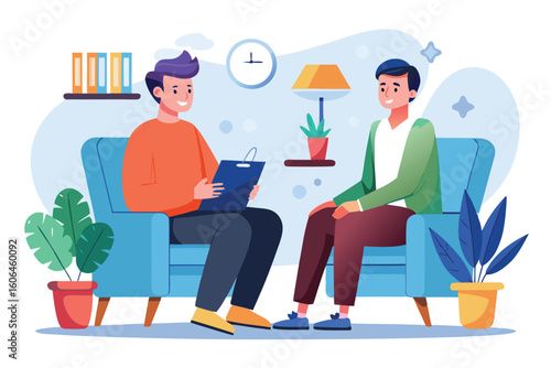 Psychotherapy session with a man discussing his thoughts and feelings with a psychologist in a comfortable setting during the day