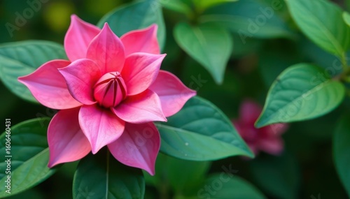 Origami blossom unfolds; vibrant pink petals, green foliage , art, spring, pink blossom