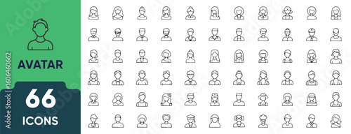 Avatars Line Icon Set. Set of 66 outline icons including user profiles, male and female faces, people, identity, account icons, and human figures. Editable stroke. Linear vector illustration.