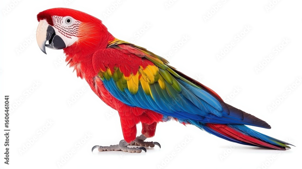 Fototapeta premium Vibrant red scarlet macaw parrot standing on white isolated background