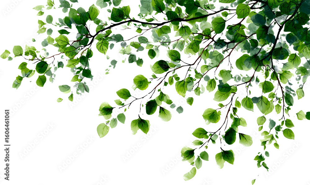 Obraz premium Tranquil watercolor illustration of green tree leaf on fresh branch