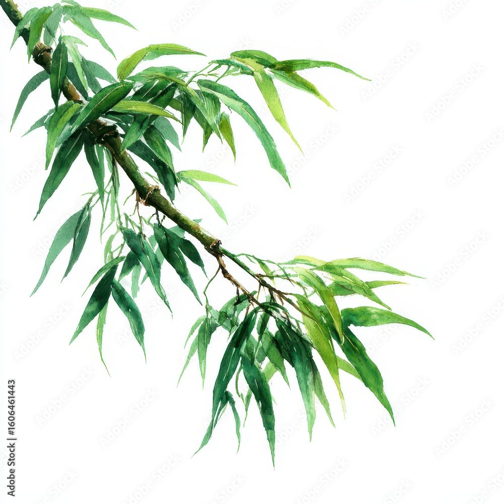Naklejka premium Serene Watercolor Bamboo Branch Illustration on White Background with Lush Green Leaves