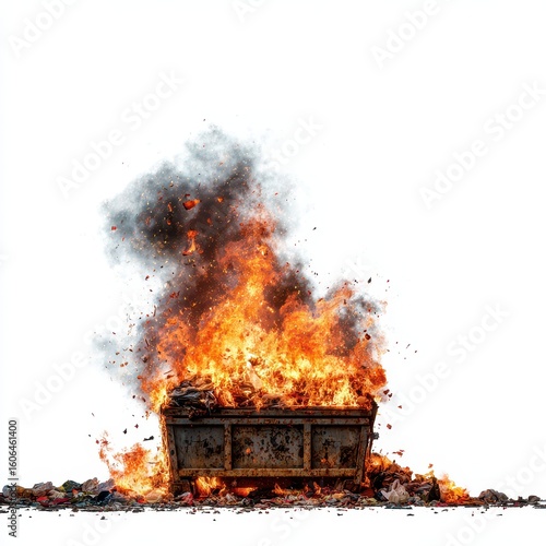  uncontrollable Blaze: A Chaotic Trash Fire Erupting from a Dumpster against a Clean White Backdrop