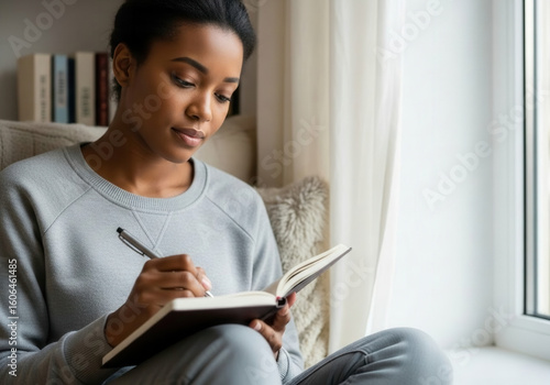 Woman Writing In Notebook Near Window