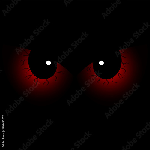 
Red scary eyes on dark black background. Evil demon ghost eyes for Halloween design. Vector illustration.