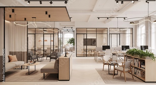 Modern office interior design open plan workspace with natural light and collaborative spaces design ideas