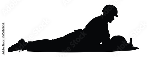 Silhouette of a Soldier Lying Down Resting with Helmet Isolated on White Background
