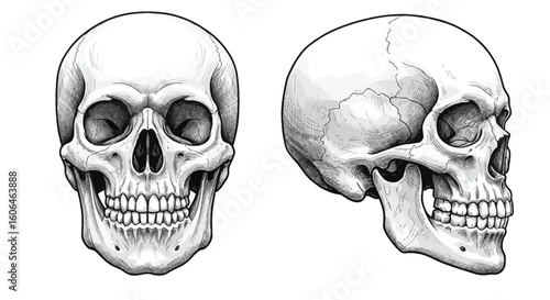 Black and White Human Skull Vector Set – Front and Side View