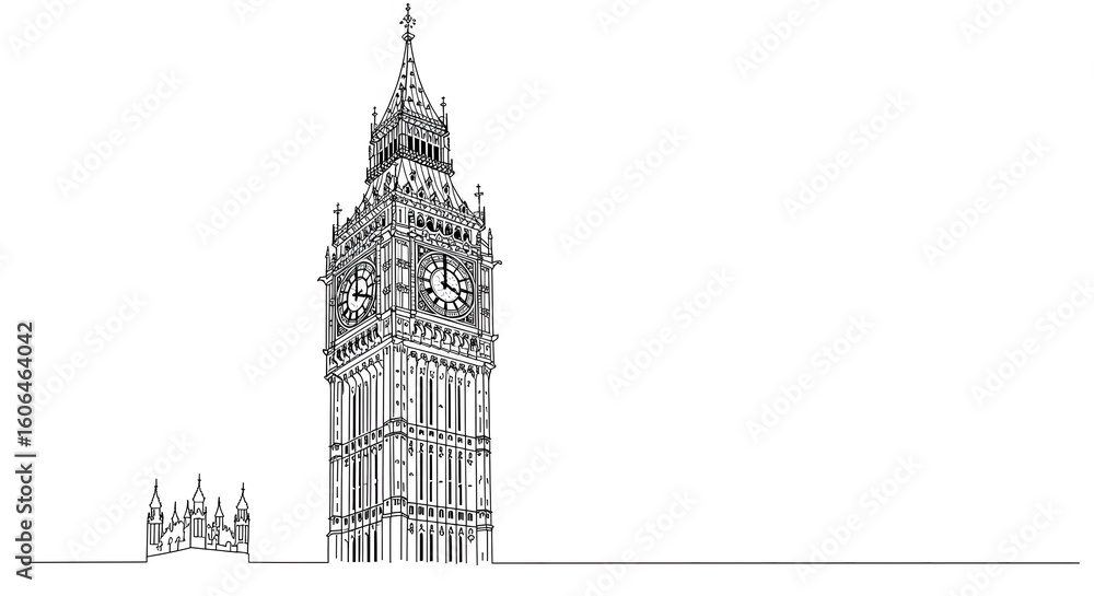 Obraz premium Minimalist line art illustration of the famous clock tower in London. Architectural vector sketch of a British landmark.