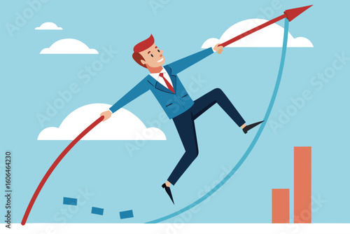 Business professional celebrating goal achievement with pole vault technique over rising graph illustration showing success in business growth